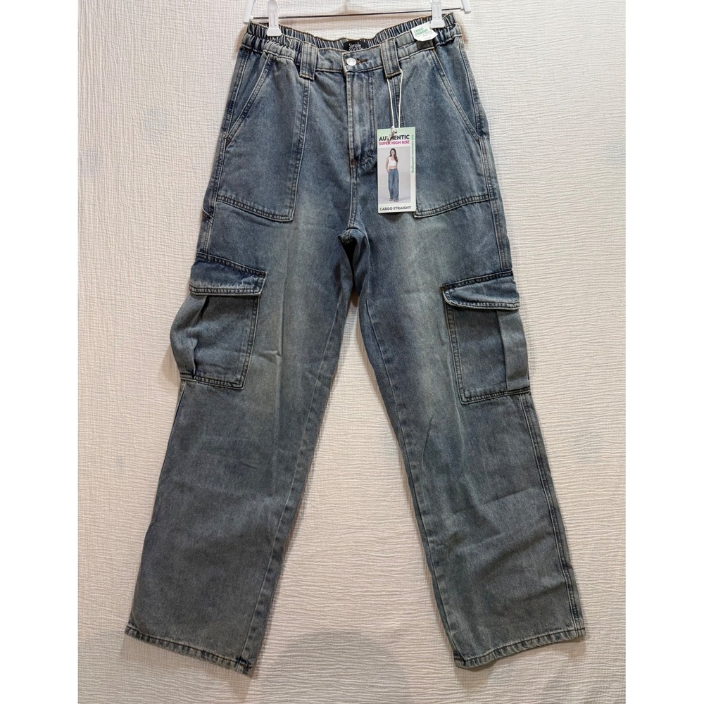 Simple Society Cargo Jeans Women's Light Wash High Rise Pockets‎ Elastic Waist